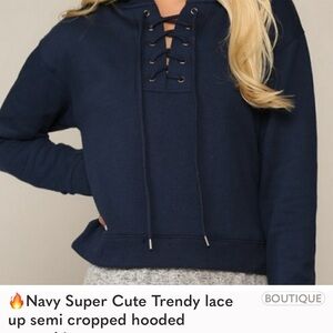 Navy lace up cropped hoodie